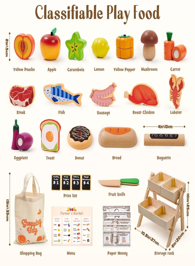 Toyssa 40+ Pcs Wooden Play Food Set with Grocery Store Shelf & Cutting Toys, Pretend Play Kitchen Accessories for Toddlers Kids, Educational Farmers Market Role Play Gifts for Girls Boys 3-7 Years - Image 2